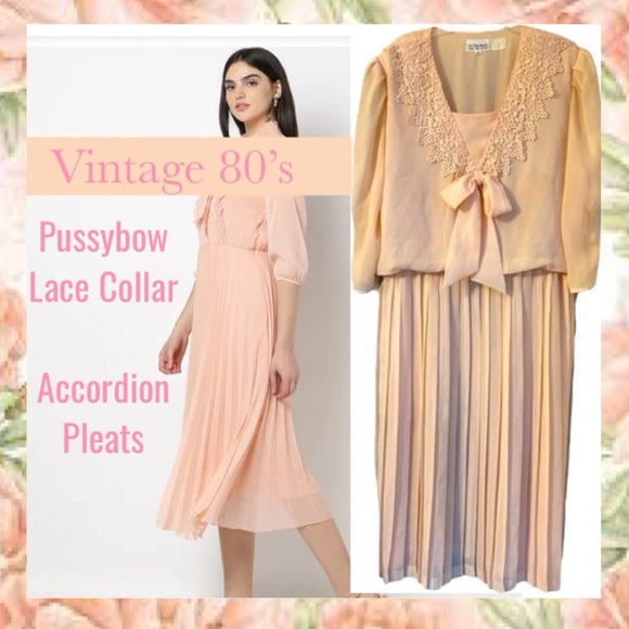 Vintage Dresses & Skirts - Vintage 80’s Dress Peach Accordion Pleated Pussybow Lace Collar Padded Shoulders